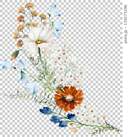 Watercolor bouquet with blue, ivory and orange wildflowers, rustic isolated illustration for stationery Watercolor bouquet with blue, ivory and orange wildflowers, rustic isolated illustration for stationery 139273296