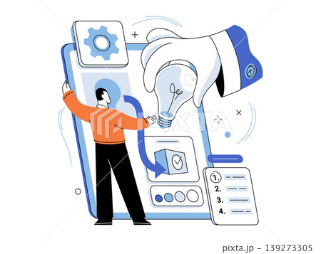 Person by tablet with lightbulb vector illustration. Startup growth, user design, content creation, project planning, work efficiency, business innovation. Human figure with digital pad and lamp Person by tablet with lightbulb vector illustration. Startup growth, user design, content creation, project planning, work efficiency, business innovation. Human figure with digital pad and lamp 139273305