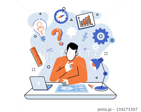 Professional male sitting at desk with brainstorming symbols vector illustration. Creative process, problem solving, project planning, business strategy, engineering, innovation. Thinking man at 139273307