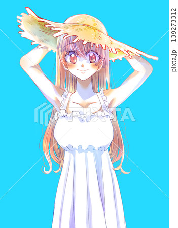 麦わら帽子を被ったロングヘアの女の子　押さえる　茶髪　笑顔 139273312