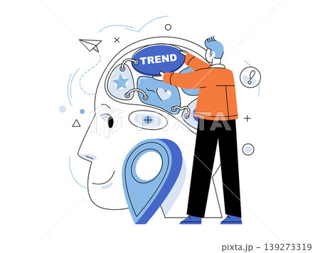 Man placing a trend bubble into a human head vector illustration. Consumer behavior, market research, social media, marketing, psychology, data analysis. Professional inserting a label into a mind 139273319