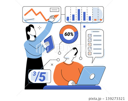 Business team analyzing financial data charts vector illustration. Marketing, project management, performance tracking, data science, teamwork, growth. Office specialists reviewing metrics 139273321