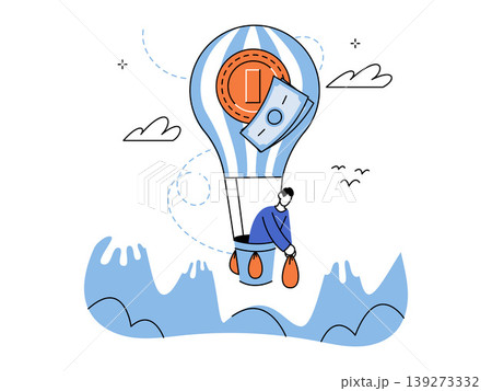 Man flies a lightbulb balloon with money over mountains vector illustration. Financial growth, startup launch, creative strategy, wealth, profit, success. Entrepreneur piloting air transport Man flies a lightbulb balloon with money over mountains vector illustration. Financial growth, startup launch, creative strategy, wealth, profit, success. Entrepreneur piloting air transport 139273332