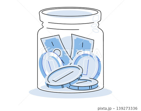 Glass jar filled with banknotes and coins vector illustration. Savings, finance, investment, budget planning, retirement fund, capital growth. Transparent container with cash and change Glass jar filled with banknotes and coins vector illustration. Savings, finance, investment, budget planning, retirement fund, capital growth. Transparent container with cash and change 139273336