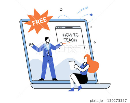 Teacher on laptop screen instructs a student vector illustration. E-learning, distance education, digital classroom, skill development, webinar, remote study. Tutor on monitor guides learner 139273337