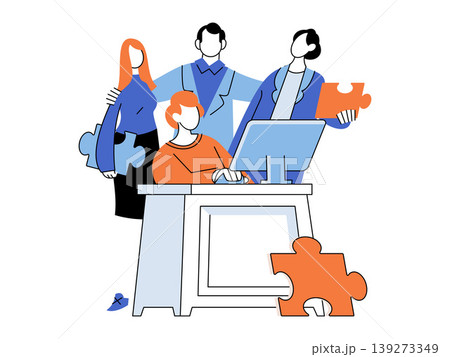 Team of office workers collaborating with puzzle pieces and computer vector illustration. Teamwork, business strategy, problem solving, partnership, management, solution. Colleagues cooperating at Team of office workers collaborating with puzzle pieces and computer vector illustration. Teamwork, business strategy, problem solving, partnership, management, solution. Colleagues cooperating at 139273349