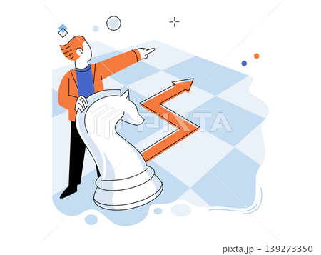 Businessman with large chess knight pointing at rising arrow vector illustration. Strategy planning, growth, leadership, success, tactics, competition. Professional man guiding a game piece 139273350