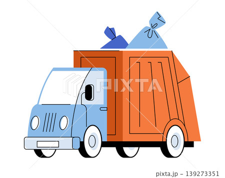 Garbage truck with trash bags vector illustration. Waste management, urban sanitation, recycling, city maintenance, cleanup, refuse collection. Sanitation vehicle hauling waste sacks 139273351