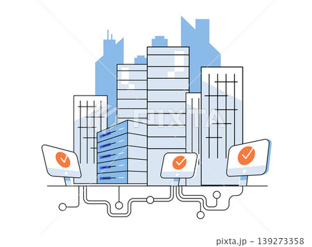 Urban smart city with server racks and screens vector illustration. Data management, connectivity, cloud computing, smart grid, network security, urban planning. City skyline with hardware Urban smart city with server racks and screens vector illustration. Data management, connectivity, cloud computing, smart grid, network security, urban planning. City skyline with hardware 139273358