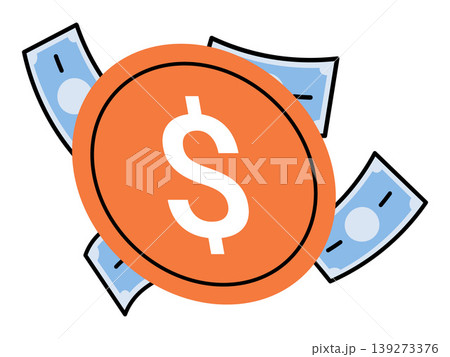 Gold dollar coin and blue banknotes vector illustration. Financial growth, banking services, wealth management, savings account, payment methods, economy. Currency symbol and paper money Gold dollar coin and blue banknotes vector illustration. Financial growth, banking services, wealth management, savings account, payment methods, economy. Currency symbol and paper money 139273376