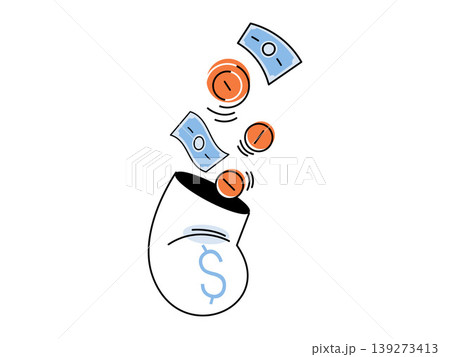 Coins and banknotes falling into a money bag vector illustration. Savings, investment, budget planning, wealth accumulation, earnings, banking. Cash and currency dropping into a sack 139273413