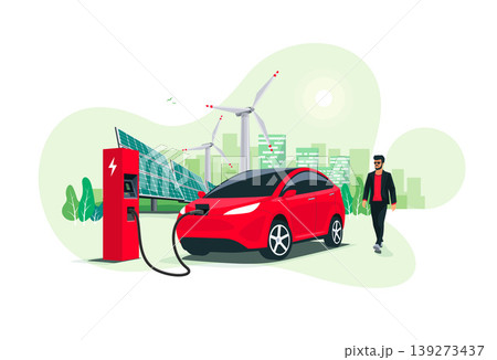 Electric Car Charging with Man and Solar Panels with Wind Power Station and Green City Skyline 139273437