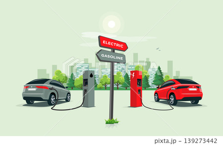 Comparing Electric Car Versus Gasoline Car with Directional Sign Arrows 139273442