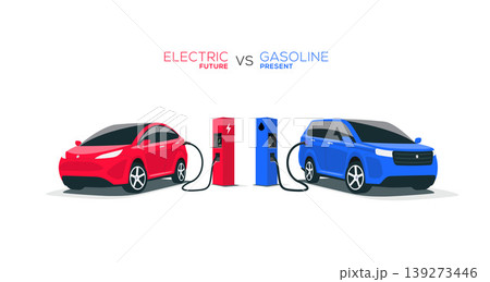 Electric Car Versus Gasoline Car Fuel Fight Isolated Electric Car Versus Gasoline Car Fuel Fight Isolated 139273446