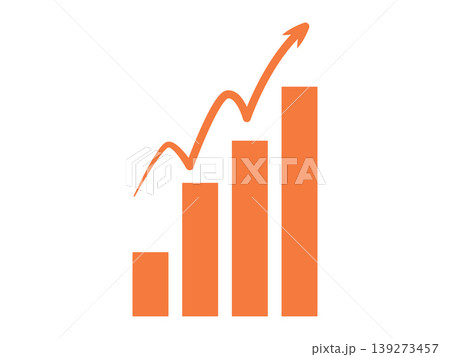 Orange bar chart with an upward arrow vector illustration. Business growth, market analysis, profit increase, success metrics, data progress, financial report. Rising column graph with pointer 139273457