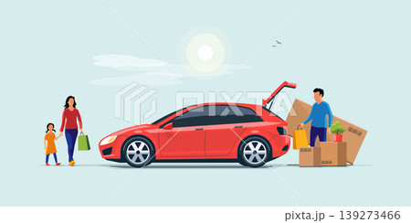 Family Shopping and Loading the Car Trunk with Purchase Family Shopping and Loading the Car Trunk with Purchase 139273466