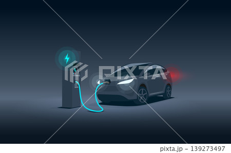 Modern Electric Car Suv Charging Parking at the Charger Station at Night Modern Electric Car Suv Charging Parking at the Charger Station at Night 139273497
