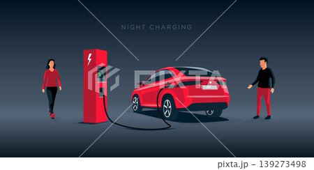 Electric Car Suv Night Off-Peak Charging at the Charger Station Electric Car Suv Night Off-Peak Charging at the Charger Station 139273498
