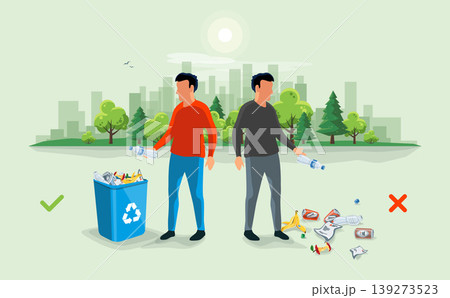 Correct and Wrong Littering Garbage around the Trash Bin with Person Throwing Away Waste Correct and Wrong Littering Garbage around the Trash Bin with Person Throwing Away Waste 139273523