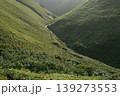 西陽が照らす礼文島の深いV字谷・地形の陰影が際立つ「ハイジの谷」の風景 139273553