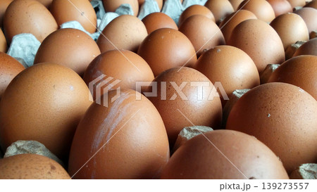 Close-up image of fresh chicken eggs in a cardboard tray. Close-up image of fresh chicken eggs in a cardboard tray. 139273557
