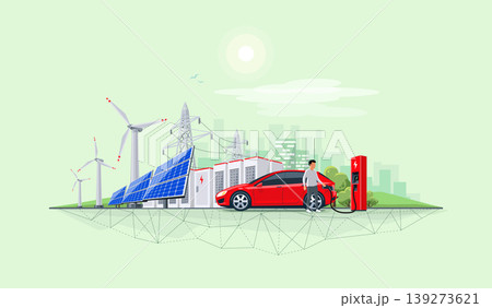 Renewable Energy Battery Storage Power Grid System with Electric Car Charging and City Skyline 139273621