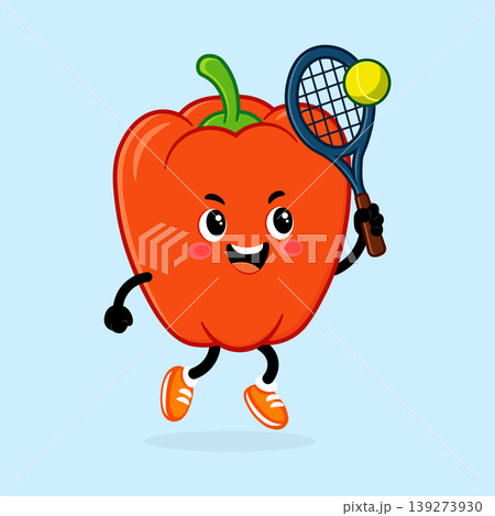 Red bell pepper cartoon character playing tennis Red bell pepper cartoon character playing tennis 139273930