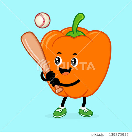 Orange bell pepper cartoon mascot playing baseball Orange bell pepper cartoon mascot playing baseball 139273935