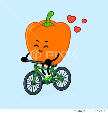 Orange bell pepper cartoon character riding bicycle feeling happy Orange bell pepper cartoon character riding bicycle feeling happy 139273953