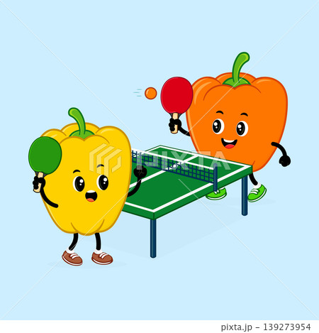 Bell peppers playing table tennis competitive game Bell peppers playing table tennis competitive game 139273954