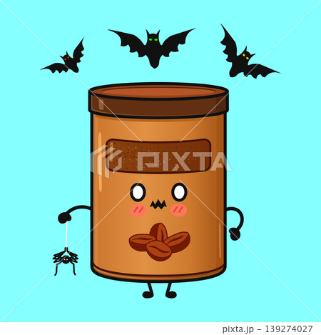 Coffee jar character with spider and Halloween bats Coffee jar character with spider and Halloween bats 139274027
