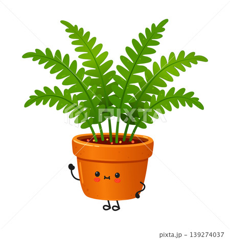 Cute cartoon nephrolepis fern in terracotta pot waving hello Cute cartoon nephrolepis fern in terracotta pot waving hello 139274037