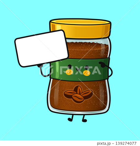 Cute instant coffee jar mascot holding blank sign Cute instant coffee jar mascot holding blank sign 139274077