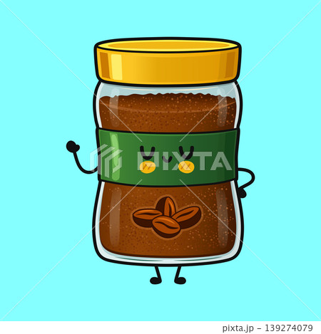 Cute instant coffee jar mascot waving happy Cute instant coffee jar mascot waving happy 139274079