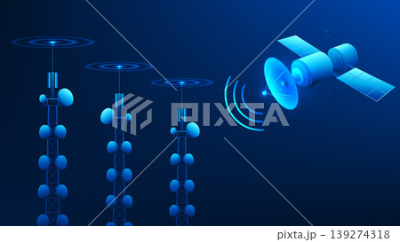 Technology background communication tower receiving signals from satellites in space and distributing them across wide areas, representing signal transmission, wireless communication,telecommunication Technology background communication tower receiving signals from satellites in space and distributing them across wide areas, representing signal transmission, wireless communication,telecommunication 139274318