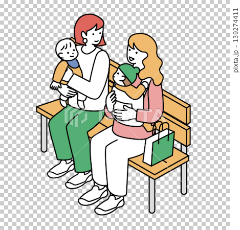 An illustration of a woman holding a baby and chatting on a bench. An illustration of a woman holding a baby and chatting on a bench. 139274411