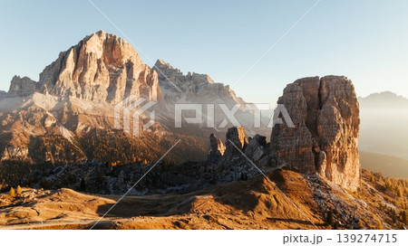 Beautiful sunlight. Five towers Cinque Torri mountains majestic landscape of nature in Italy 139274715