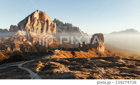 Beautiful sunlight. Five towers Cinque Torri mountains majestic landscape of nature in Italy Beautiful sunlight. Five towers Cinque Torri mountains majestic landscape of nature in Italy 139274716