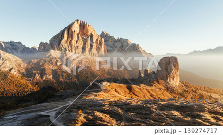 Beautiful sunlight. Five towers Cinque Torri mountains majestic landscape of nature in Italy 139274717