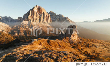Beautiful sunlight. Five towers Cinque Torri mountains majestic landscape of nature in Italy Beautiful sunlight. Five towers Cinque Torri mountains majestic landscape of nature in Italy 139274718