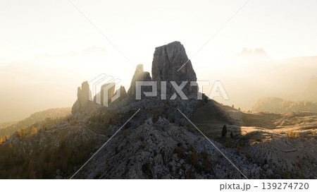 Illuminated by sunlight. Five towers Cinque Torri mountains majestic landscape of nature in Italy Illuminated by sunlight. Five towers Cinque Torri mountains majestic landscape of nature in Italy 139274720