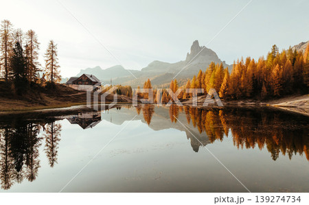 Reflections is in water. Lake Federa near the Croda da Lago mountain at autumn time, majestic landscape, raw nature Reflections is in water. Lake Federa near the Croda da Lago mountain at autumn time, majestic landscape, raw nature 139274734