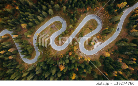 Giau Pass snake road in Italy, aerial top view of beautiful nature with bunch of green and yellow trees Giau Pass snake road in Italy, aerial top view of beautiful nature with bunch of green and yellow trees 139274760