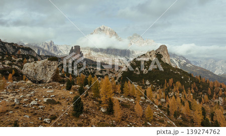 Pass near Cortina mountain. Aerial majestic view of popular place at autumn season, background Pass near Cortina mountain. Aerial majestic view of popular place at autumn season, background 139274762