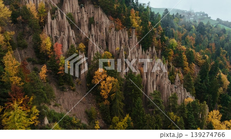 Earth pyramids of Platten at daytime, aerial view, at autumn season time 139274766
