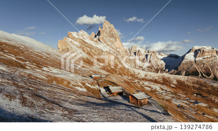 Village wooden houses. Seceda mountain, aerial view of majestic nature, beautiful touristic place Village wooden houses. Seceda mountain, aerial view of majestic nature, beautiful touristic place 139274786