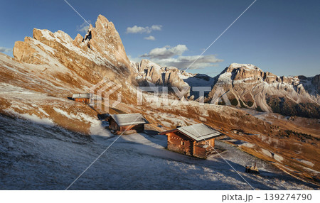 Village wooden houses. Seceda mountain, aerial view of majestic nature, beautiful touristic place Village wooden houses. Seceda mountain, aerial view of majestic nature, beautiful touristic place 139274790