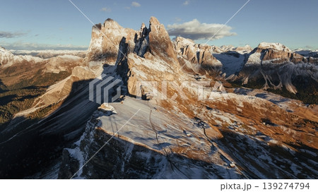 Rural non urban scene. Seceda mountain, aerial view of majestic nature, beautiful touristic place 139274794