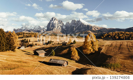 Alpe di Siusi, Seiser Alm, aerial view of majestic dolomites, mountains background 139274808