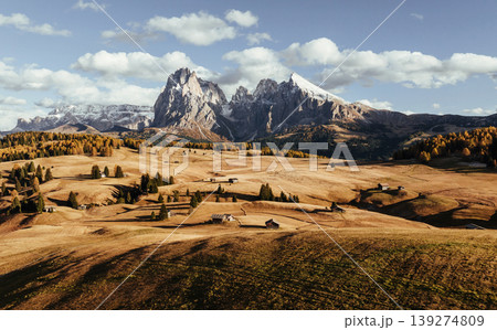 Alpe di Siusi, Seiser Alm, aerial view of majestic dolomites, mountains background 139274809
